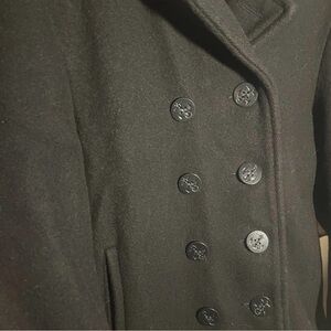 Schott Black Wool Pea Jacket Women’s Sz 14  preppy double breasted super warm!